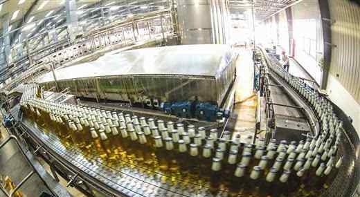 在百威啤酒厂,专业技术人员在检验水的质量