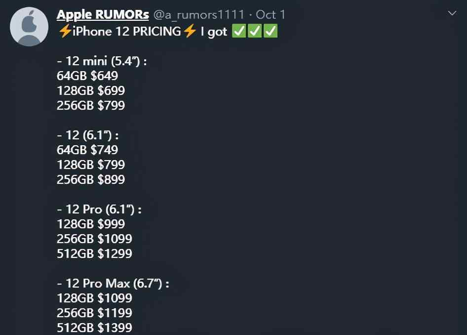 699美元 苹果iPhone 12全系售价泄露！欧洲零售商透露新机至少5款 649-699美元起步
