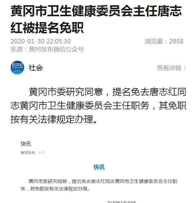 唐志红 黄冈市卫生健康委员会主任唐志红被提名免职