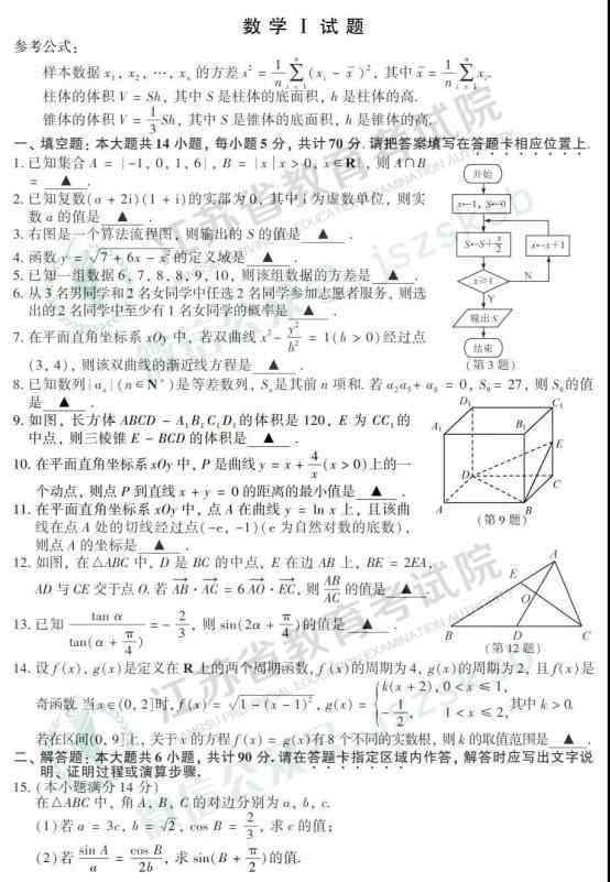 江苏高考数学卷 2019江苏高考数学试题及答案【图片版】