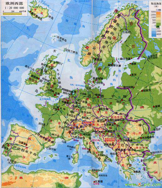欧洲地形图 求欧洲地形地图包括山脉.河流.丘陵.平原.国家...