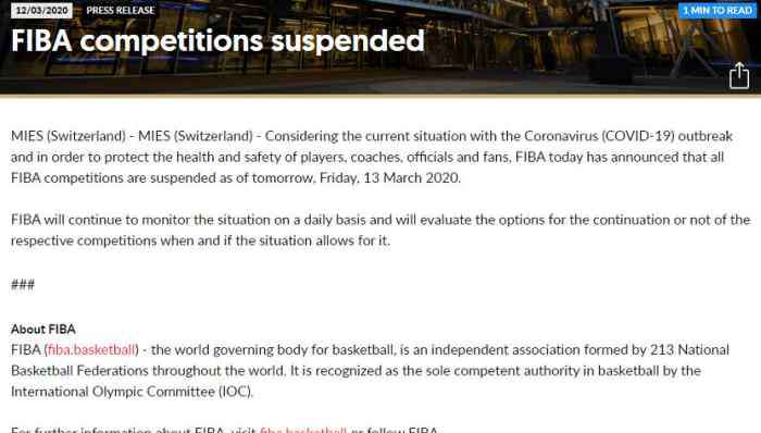 fiba 官方！FIBA赛事将于明日起暂停，奥运会落选赛或受到影响