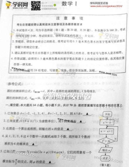 2014年江苏高考数学试题及答案1