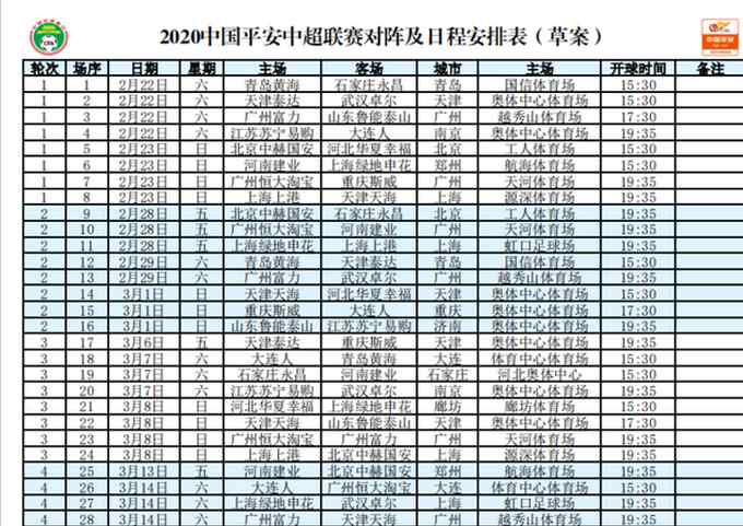 北京工体球赛 2020中超赛程出炉，国安首轮工体战“幸福”，4月迎6场比赛
