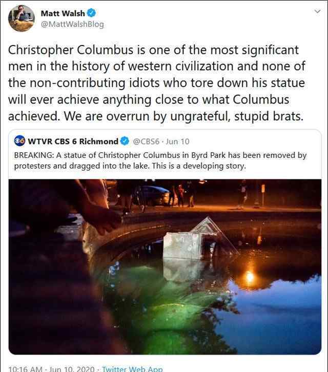 黑人“弗洛伊德之死”燃起反种族主义 哥伦布雕像被民众拉倒