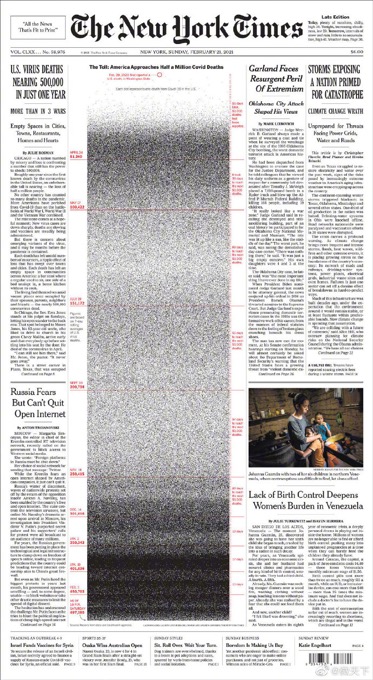 纽约时报用50万个黑点纪念新冠死者 一个黑点代表一条逝去的生命