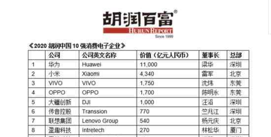 2020胡润中国10强消费电子企业 附十强名单