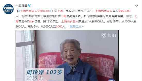 上海百岁老人突破3000 3年时间从两千人增长至三千人