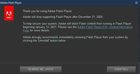 Windows10将永久删除FlashPlayer Flash Player将在2020年12月不再支持