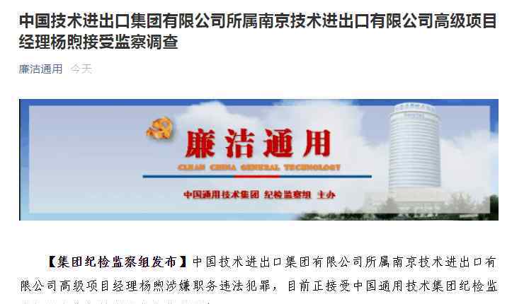 中国技术进出口集团有限公司所属南京技术进出口有限公司高级项目经理杨煦接受监察调查