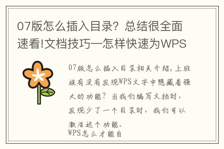 07版怎么插入目录？总结很全面速看!文档技巧—怎样快速为WPS文档增加目录