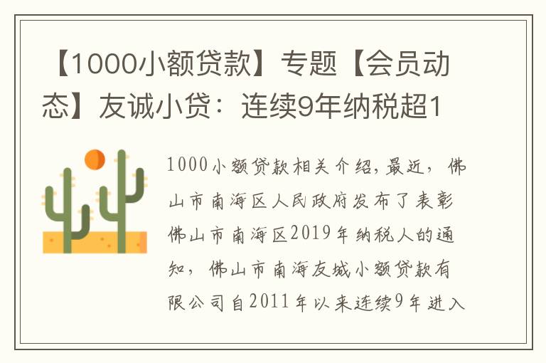 【1000小额贷款】专题【会员动态】友诚小贷：连续9年纳税超1000万元