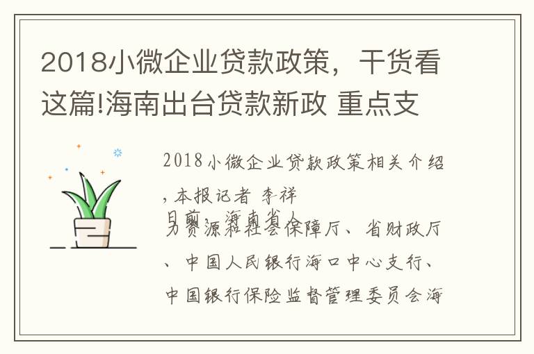 2018小微企业贷款政策，干货看这篇!海南出台贷款新政 重点支持小微企业