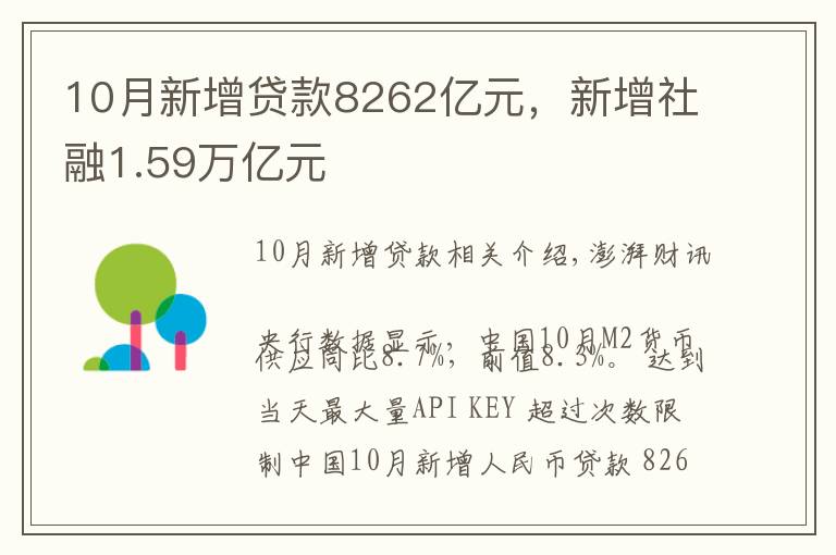10月新增贷款8262亿元，新增社融1.59万亿元