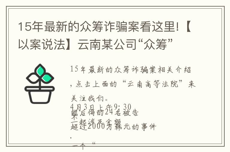 15年最新的众筹诈骗案看这里!【以案说法】云南某公司“众筹”2千余万元搞这个，24人受审
