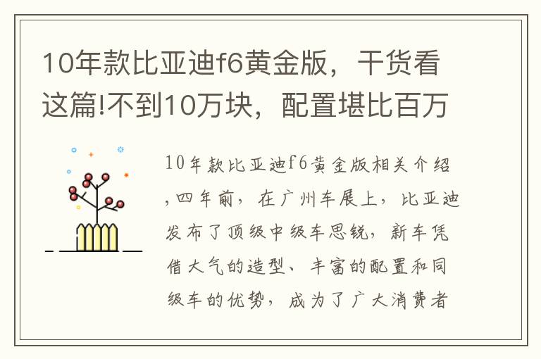 10年款比亚迪f6黄金版，干货看这篇!不到10万块，配置堪比百万豪车，如今却很难买到！