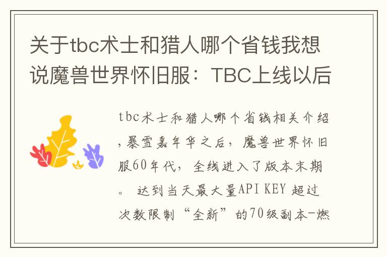 关于tbc术士和猎人哪个省钱我想说魔兽世界怀旧服：TBC上线以后，首发猎人的玩家，会不会后悔？