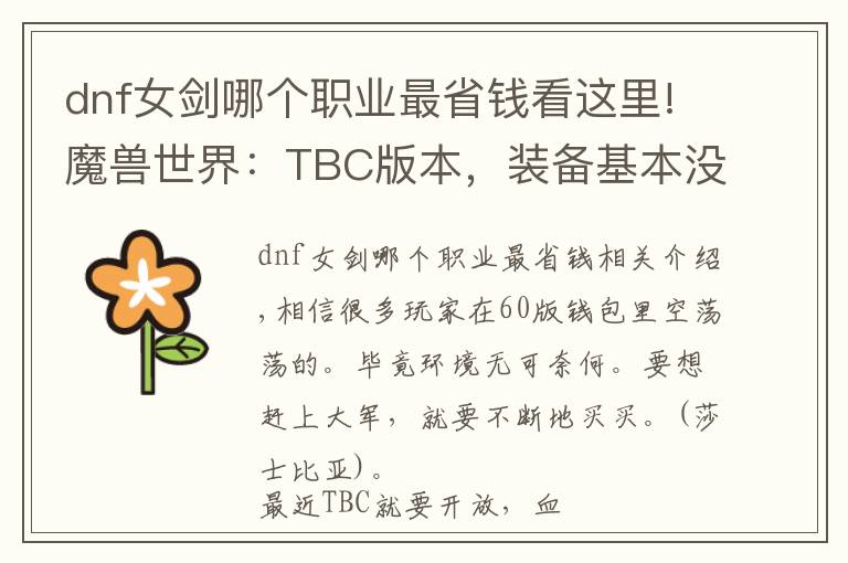 dnf女剑哪个职业最省钱看这里!魔兽世界：TBC版本，装备基本没有便宜的，想捡漏很难