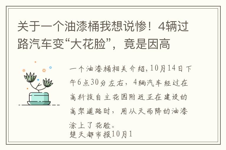 关于一个油漆桶我想说惨！4辆过路汽车变“大花脸”，竟是因高架桥上施工油漆桶倒了