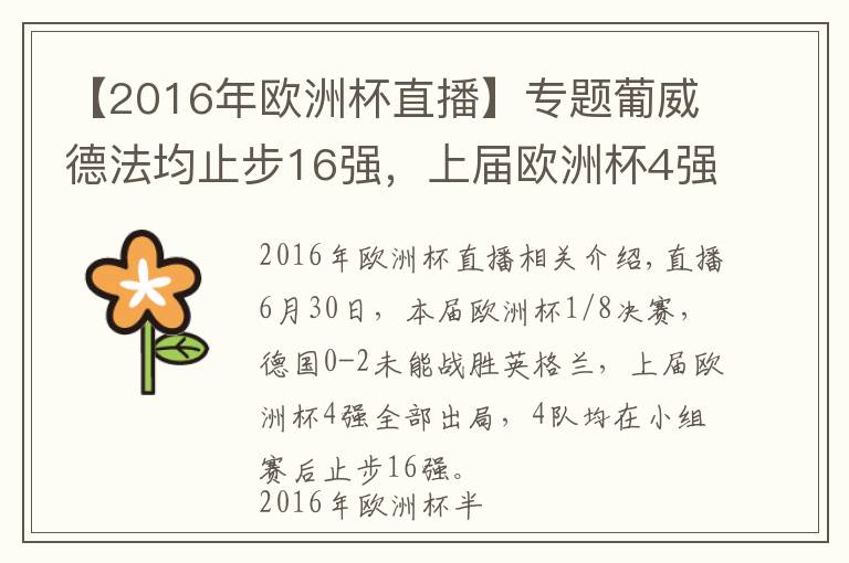 【2016年欧洲杯直播】专题葡威德法均止步16强，上届欧洲杯4强已经全部出局