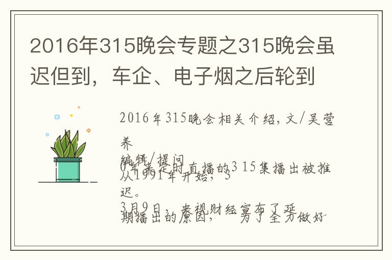 2016年315晚会专题之315晚会虽迟但到，车企、电子烟之后轮到假口罩？