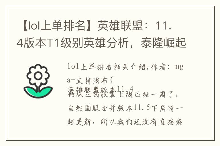 【lol上单排名】英雄联盟：11.4版本T1级别英雄分析，泰隆崛起伊莉丝归来