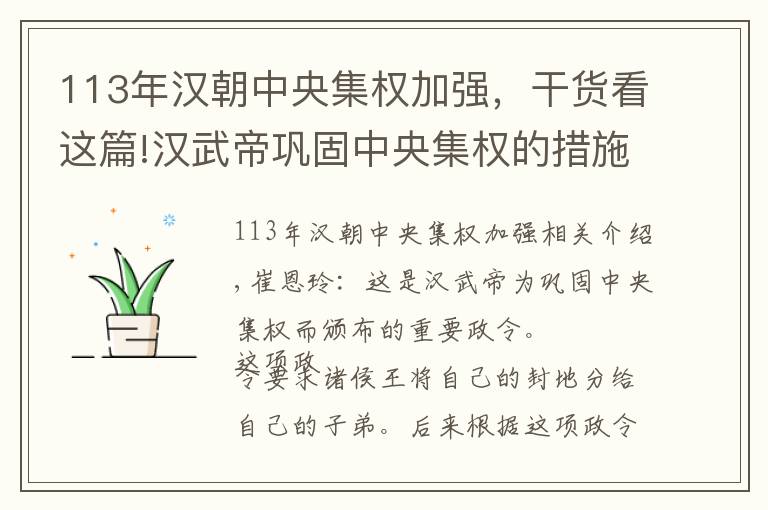 113年汉朝中央集权加强，干货看这篇!汉武帝巩固中央集权的措施对现在有什么借鉴意义