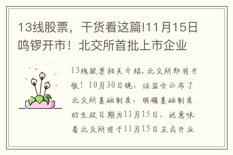 13线股票，干货看这篇!11月15日鸣锣开市！北交所首批上市企业或达82家 近七成三季报报喜
