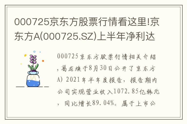 000725京东方股票行情看这里!京东方A(000725.SZ)上半年净利达127.62亿元 同比增长1023.96%