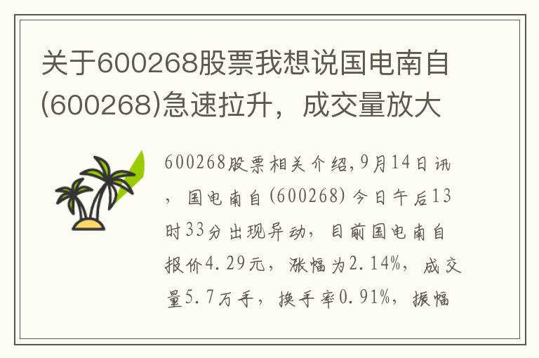关于600268股票我想说国电南自(600268)急速拉升，成交量放大