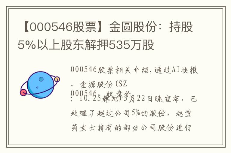 【000546股票】金圆股份：持股5%以上股东解押535万股