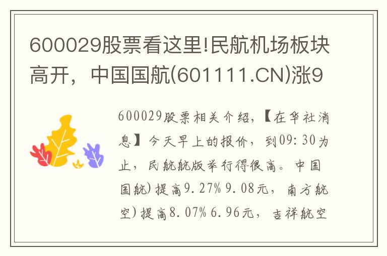 600029股票看这里!民航机场板块高开，中国国航(601111.CN)涨9.27%