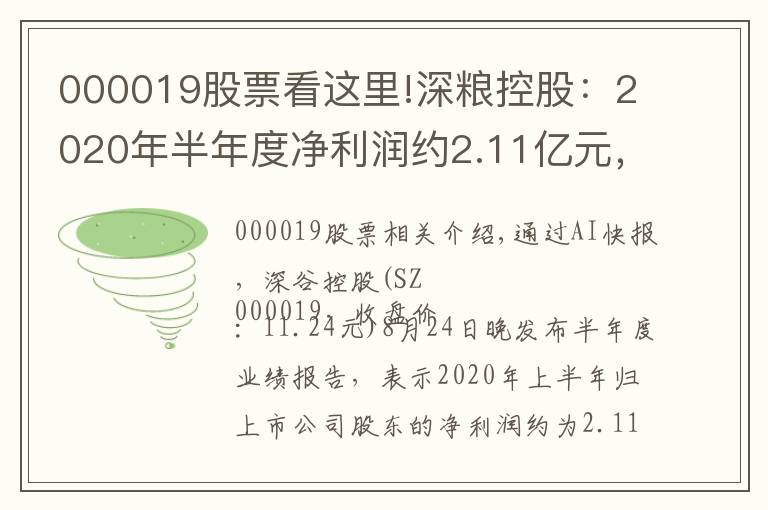 000019股票看这里!深粮控股：2020年半年度净利润约2.11亿元，同比增加3.73%
