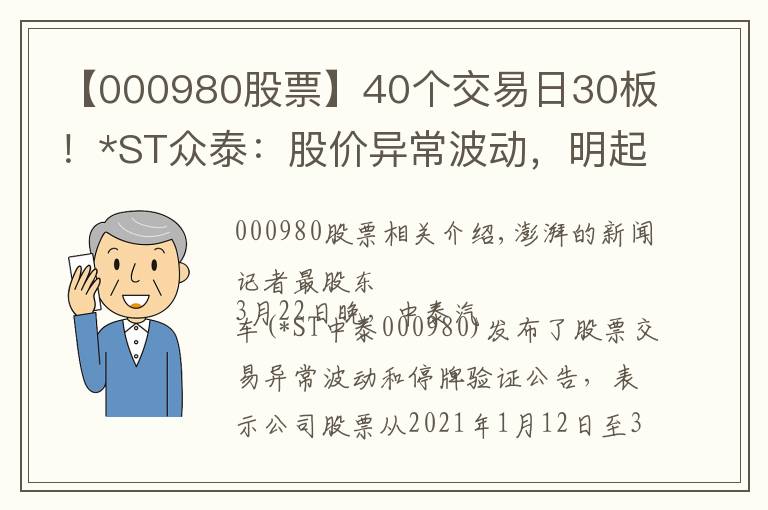 【000980股票】40个交易日30板！*ST众泰：股价异常波动，明起停牌核查