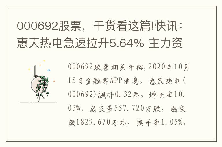 000692股票，干货看这篇!快讯：惠天热电急速拉升5.64% 主力资金净流出43.85万元