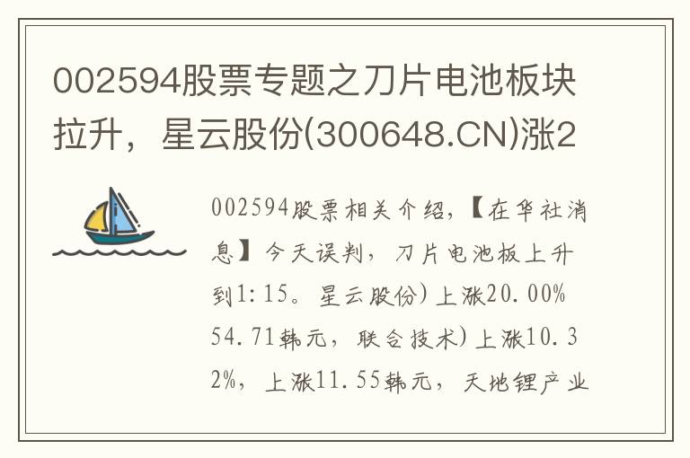 002594股票专题之刀片电池板块拉升，星云股份(300648.CN)涨20.0%