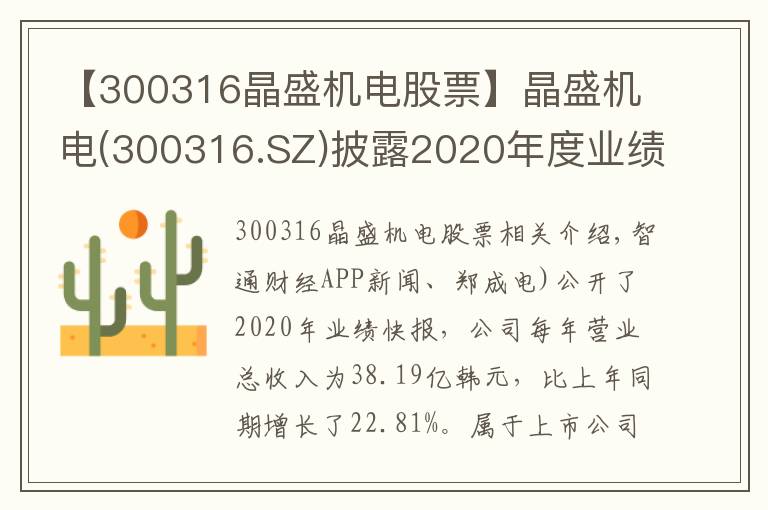 【300316晶盛机电股票】晶盛机电(300316.SZ)披露2020年度业绩快报 归母净利同比增长34%至8.54亿元