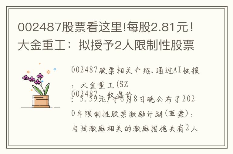 002487股票看这里!每股2.81元！大金重工：拟授予2人限制性股票500万股