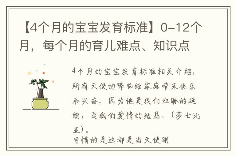 【4个月的宝宝发育标准】0-12个月，每个月的育儿难点、知识点各位宝妈们都知道吗？