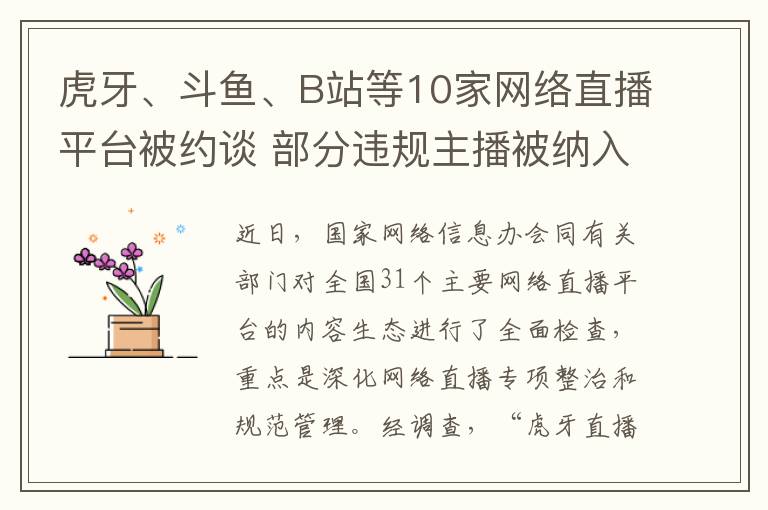 虎牙、斗鱼、B站等10家网络直播平台被约谈 部分违规主播被纳入黑名单