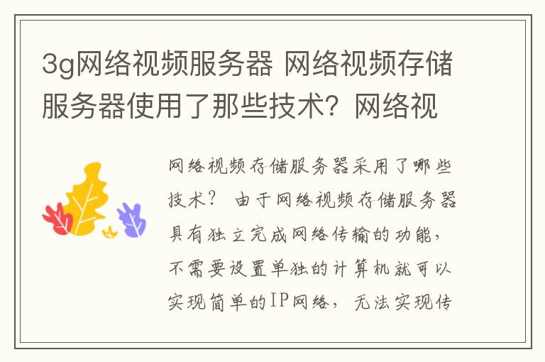 3g网络视频服务器 网络视频存储服务器使用了那些技术？网络视频存储服务器有哪些功能？