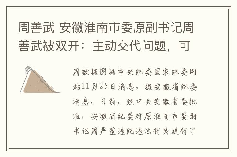 周善武 安徽淮南市委原副书记周善武被双开：主动交代问题，可从宽处理