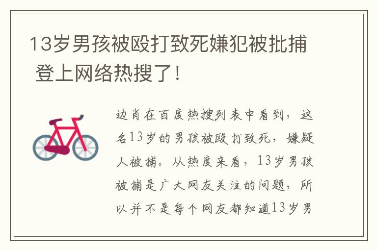 13岁男孩被殴打致死嫌犯被批捕 登上网络热搜了！