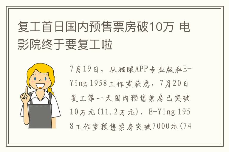 复工首日国内预售票房破10万 电影院终于要复工啦