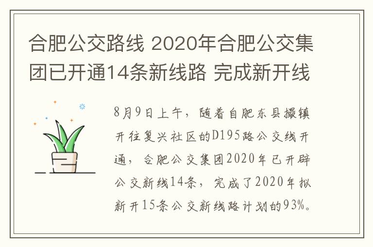 合肥公交路线 2020年合肥公交集团已开通14条新线路 完成新开线路计划93%