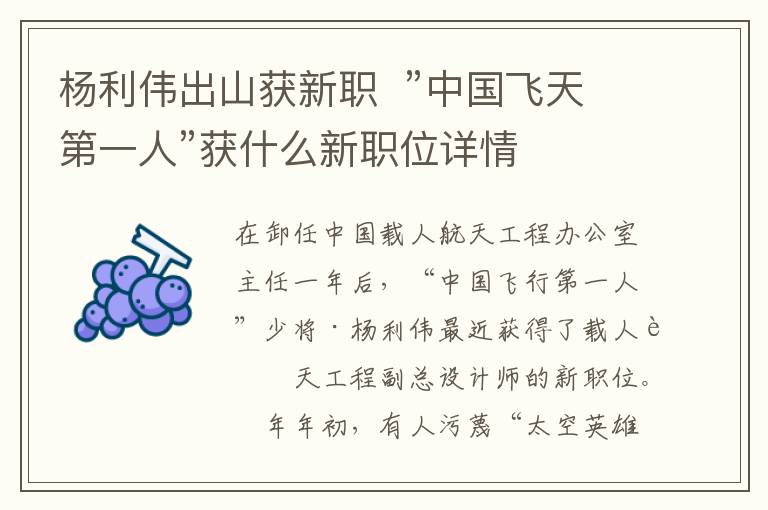 杨利伟出山获新职  ”中国飞天第一人”获什么新职位详情