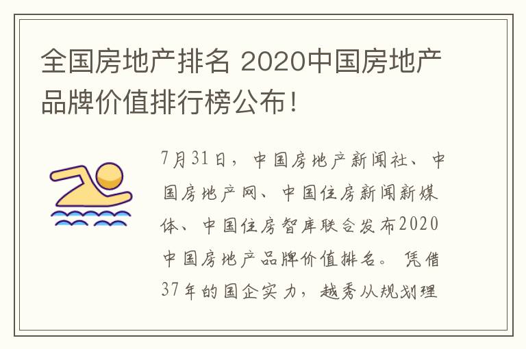 全国房地产排名 2020中国房地产品牌价值排行榜公布！