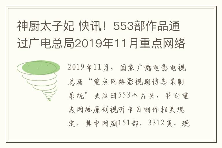 神厨太子妃 快讯！553部作品通过广电总局2019年11月重点网络影视剧拍摄备案