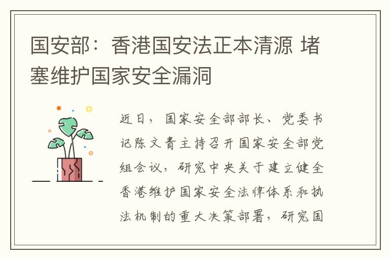 国安部：香港国安法正本清源 堵塞维护国家安全漏洞