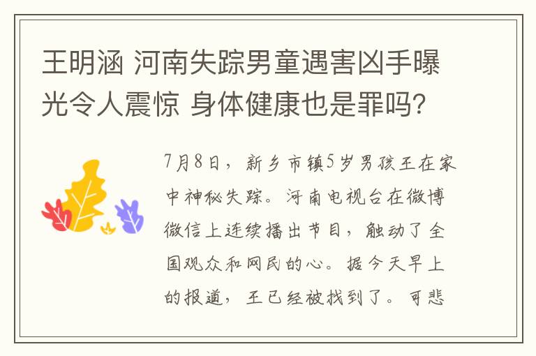 王明涵 河南失踪男童遇害凶手曝光令人震惊 身体健康也是罪吗？